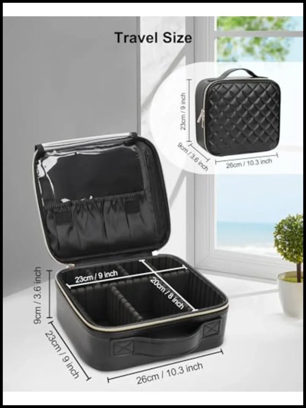 PU Leather Train Case Makeup Bag with Adjustable Dividers Travel Cosmetic